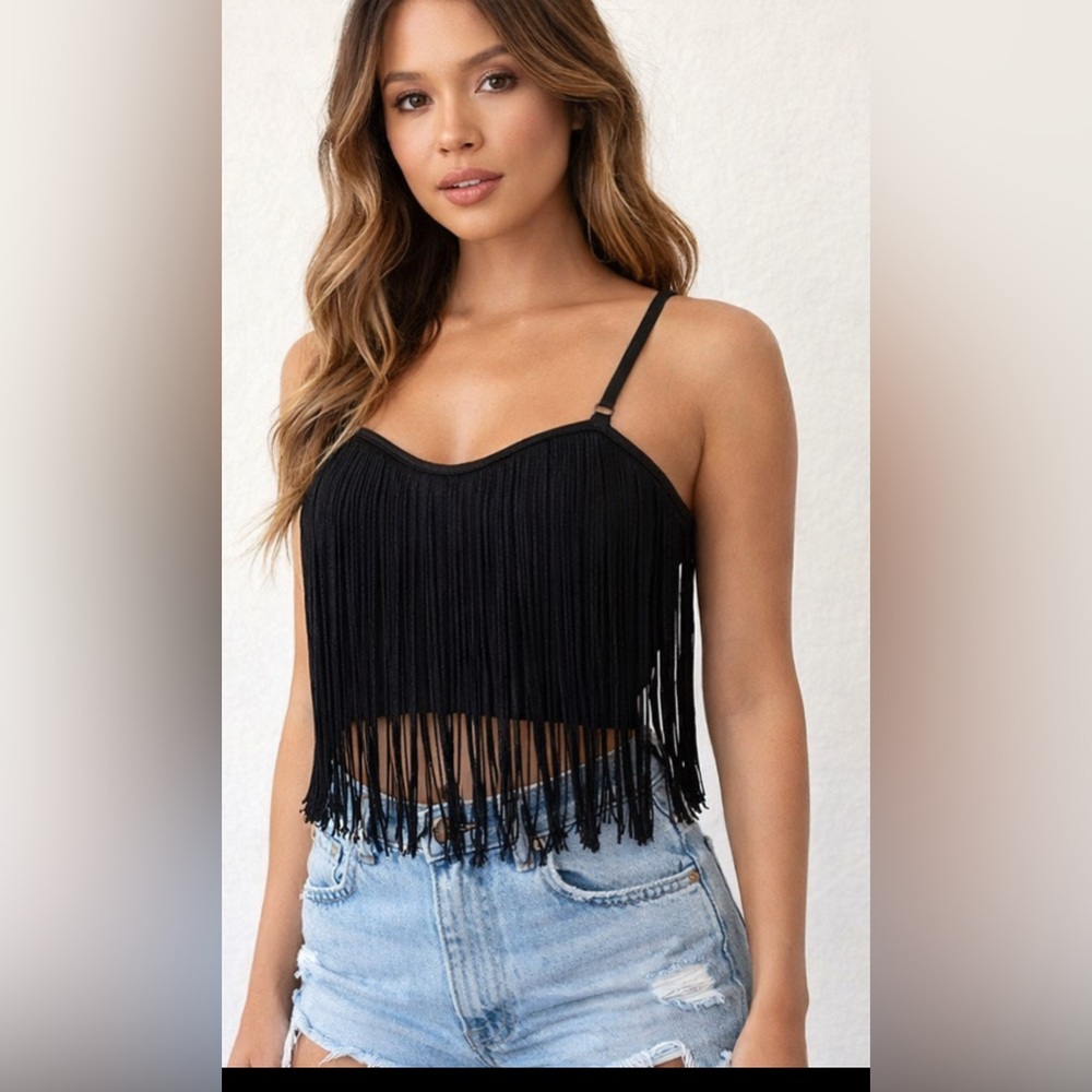 Forever 21 Women’s Black Fringe Crop Top Strappy Boho Festival Cami Size S